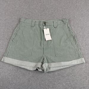 Joie Charlotte Short SZ 32 Green White Striped High Rise Rolled Hem Side Pockets